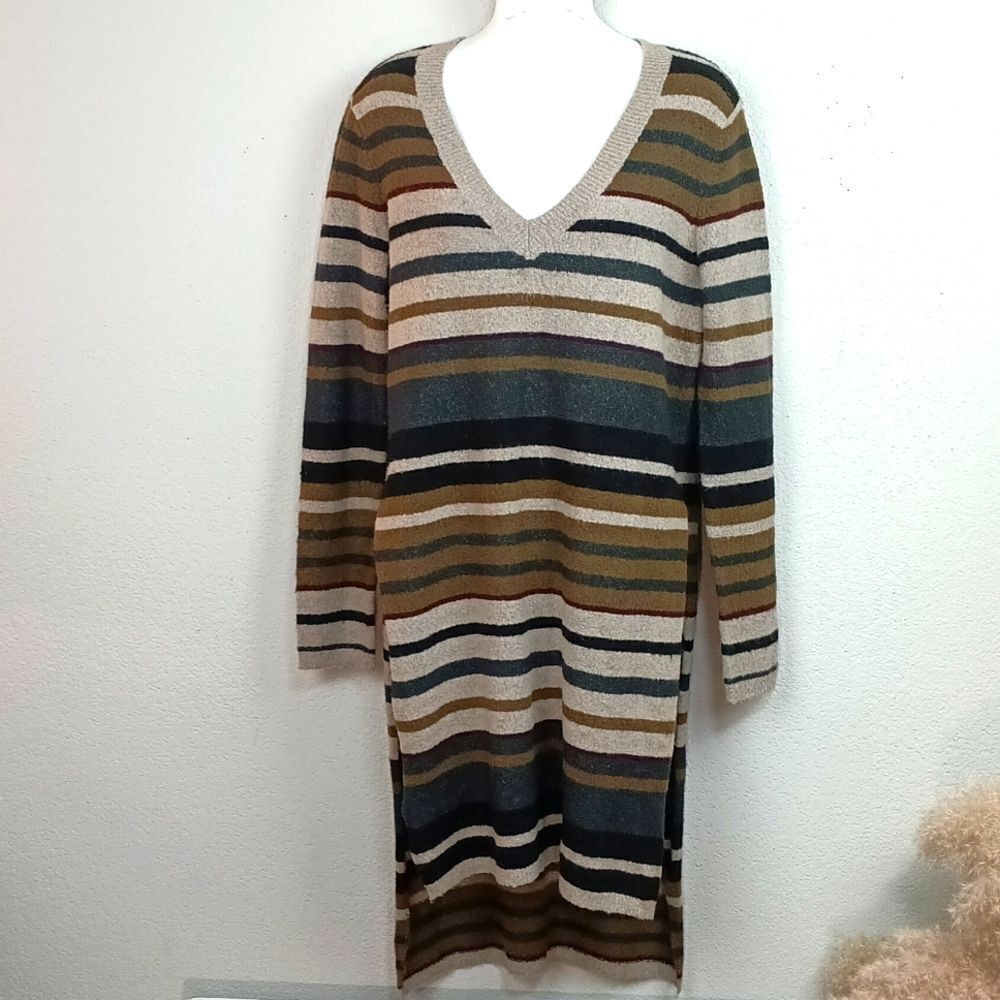 RUE 21 Women's Earth tones V neck long-sleeve stripped tunic sweater sz XL Y2k